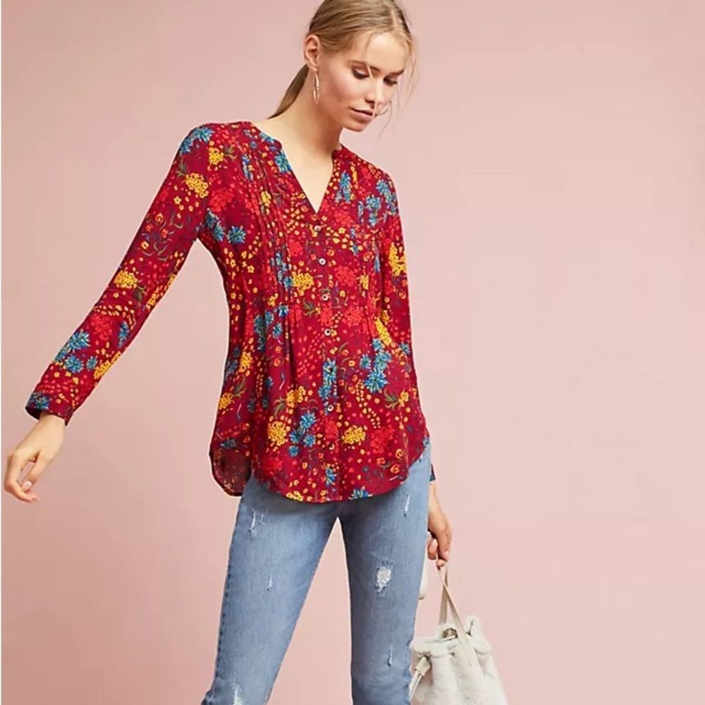 Anthropologie Womens Maeve Floral Red Printed Pintucked Blouse Top XS